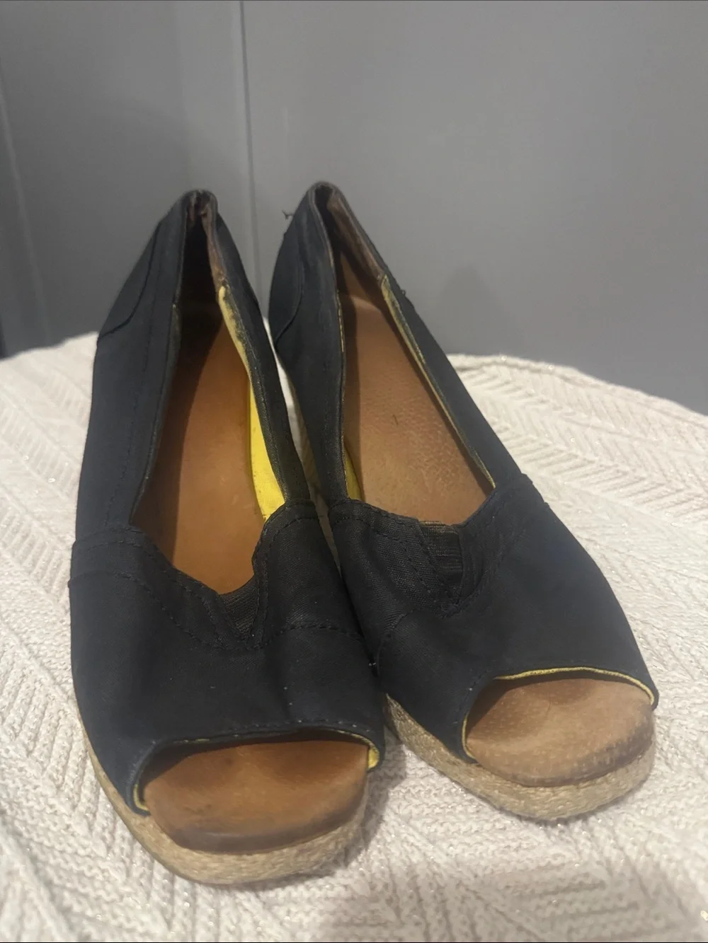 Toms Black Canvas Espadrille Wedge Heels